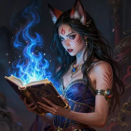 gorgeous!!! hyper - realstic kitsune sorceress resembling gal gadot, holding a tattered magical book, casting a flame spell, blue flames, surrounded by tiny spirits, tribal face markings | drawn by wlop, drawn by jeehyung lee, drawn by artgerm | fantasy, dark, intricate, highly detailed, digital painting, character design, concept art, illustration, artstation