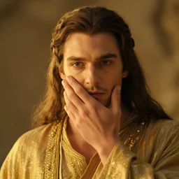 a beautiful closeup shot from a fantasy film of a man wearing a golden robe touching his face. the character has one hand against his face. portrait. golden hour. rim lighting. joseph ducreux, greg rutkowski.