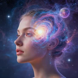 Psychadelic picture of a womans face expanding her consciousness into the universe, digital art, high resolution
