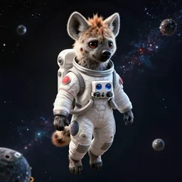 digital detailed full body of anthromorphic female hyena, in style of zootopia, zootopia, zootopia, fursona, furry, furaffinity, 4 k, deviantart, wearing astronaut outfit, in style of zootopia, floating in space, space background, in deep space, dark background, hyena fursona, cyberpunk, female, stylized face,