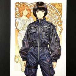 a copic maker manga portrait illustration by yoshiyuki sadamoto and alphons mucha of a japanese girl highly detailed features wearing streetwear pilot suit lots of zippers, pockets, synthetic materials, jumpsuits by issey miyake and balenciaga 8 k