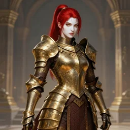 full body portrait of beautiful paladin lady in the temple, face details, heavy brass armor, red ponytail, white skin, golden eyes, high fantasy, dnd, extremely detailed, smooth, sharp focus, digital illustration, by zeronis, rossdraws, artgerm