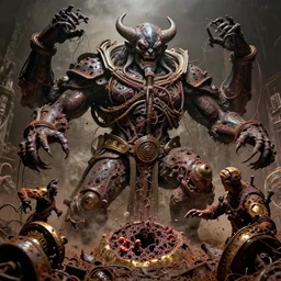movie still of black hole demons, chaos battle, elder, intricately macerated by age, sentient, dethroned goliath machine, blood turbines, hydrocracking battles, rusted, macerated, eviscerated by fimbria wires, bicornate fungal pit, brass sheen rotting, by alberto bontempi, jack kirby, alex ross, shigeru kom