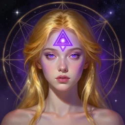 centered head and shoulders portrait of a girl with glowing purple third eye chakra and golden hair, geometric third eye triangle, sci - fi face, cosmic geometric background, breathtaking stars, elegant, highly detailed, digital painting, artstation, concept art, smooth, sharp focus, illustration, art by artgerm and greg rutkowski and alphonse mucha, acid pixie