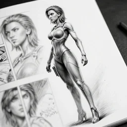 scarlett johansson, incredibly fine detailed, battle angel alita, black and white, dynamic angle, pencil and ink manga, elegant, full body profile, highly detailed, dramatic lighting, depths of field effect, vfx, 3 d octane render
