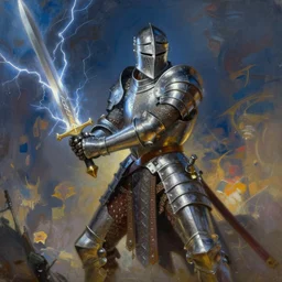 a detailed and vibrant portrait painting inspired by beksinski and frank frazetta of a powerful paladin wearing a full metal plate armor and holding a sword shooting lightning