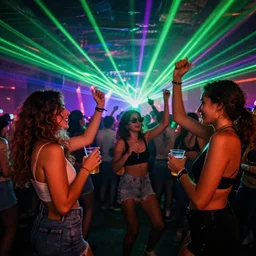 friends dancing at a concert with drinks and lasers
