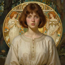 symmetry portrait of welsh brunette student in mans tunic, tomboy, short hair, forest, intricate, elegant, highly detailed, digital painting, artstation, concept art, smooth, sharp focus, illustration, art by artgerm and greg rutkowski and fra angelico and alphons mucha