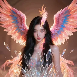 a photo of 8 k ultra realistic black haired woman with pink and blue flaming phoenix wings, swarm of transparent glass shards, d & d, fantasy, cinematic lighting, ultra detailed, artstation, face enhance, smooth, sharp focus, illustration, warm light, cozy warm tint, magic the gathering artwork, volumetric lighting, art by akihiko yoshida, greg rutkowski