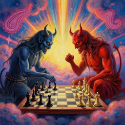 [ style ] [ sharp details ] [ gorgeous oil painting ] [ palate ] [ gothic colors ] playing chess against the devil 👺👹 to get into heaven, checkmate the devil, vibrant paisley neon clouds, radiant light rays, symmetrical details, sharp focus, photorealistic painting, award winning painting, volumetric lighting, artstation,