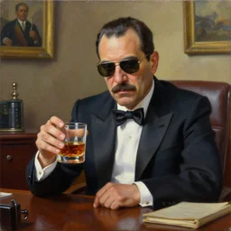with varied background, a beautiful oil matte portrait painting : mafia boss. holding a glass of whiskey. at 5 0 s new york office desk. wonderful masterpiece. highly detailed