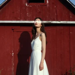 art by greg rutkowski and ruan jia. a lonely elegant and grace young woman in the shadow of a red barn!. white dress. cinematic, sharp edges, stage light. establishing shot, sense of awe. delicate features. dreamlike. alluring. poster style, ultra realistic. ultra clear detailed