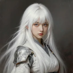 a young japanese princess warrior lady with white hair and bangs!!!!, posing, white hair highly detailed painting by gaston bussiere, craig mullins, j. c. leyendecker 8 k
