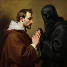 beautiful oil matte portrait painting, priest pleading to the grim reaper for forgiveness, wonderful masterpiece highly detailed, beautiful cinematic light deep focus, elegant, digital painting, smooth, sharp focus, golden ratio, dramatic illumination, ultra realistic, 8 k, art by caravaggio and salvator rosa