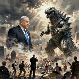 a massive benjamin netanyahu attacking a city, kaiju monster, by moebius and artgerm and tim hildebrandt