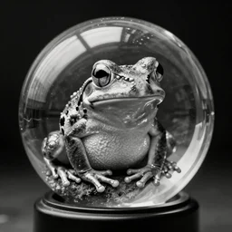 Monochrome photo of a big frog with many eyes sitting on a backlit glass sphere