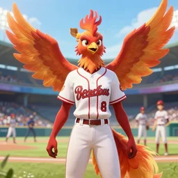 beautiful portrait of a female anthropomorphic phoenix fursona wearing a baseball uniform. baseball stadium backgroundd. character design by disney, charlie bowater, ross tran, artgerm, and makoto shinkai, detailed, soft lighting, rendered in octane