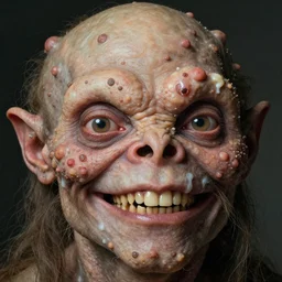 close up portrait of a mutant monster creature with cheeks covered in purulent pustules, pimples at different stages, some fresh, some bursting with a whitish fluid ; pleasant, flirty eyes ; teeth lining up the exterior of the mandible, long hair growing out of the nostrils. jan van eyck, audubon