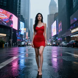 hyperdetailed wide ground level photo of a perfect face sexy beautiful girl wearing a thin red dress and no shoes getting soaked in the rain standing in the middle of an empty intersection with screens displaying colorful advertisements on the tall ominous buildings, hdr, 4 k, blade runner aesthetic