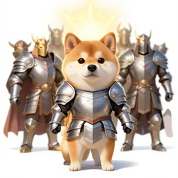 realistic anthropomorphic shiba inu, paladin armor, together with paladins, fantasy, holy light, portrait art by greg rutkowski, realistic face, visible holy aura, digital art, trending on artstation, symmetry