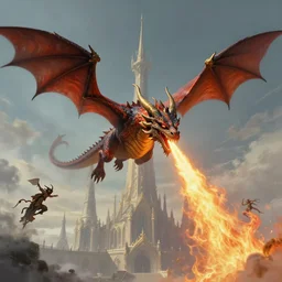 wideangle shot of a dragon!! flying over minas - tirith!! spitting fire, dynamic pose, intricate, elegant, highly detailed, centered, digital painting, artstation, concept art, smooth, sharp focus, illustration, artgerm, tomasz alen kopera, peter mohrbacher, donato giancola, joseph christian leyendecker, wlop, boris vallejo