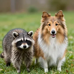a photo of a mix between a sheltie and a racoon