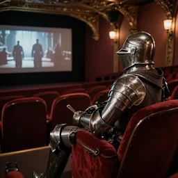 1 9 5 0's photograph of a medieval knight in shining armor sitting in an opulent movie theater watching a western
