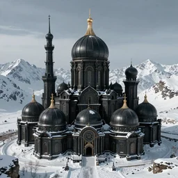 the cyberpunk Russian empire, industrial citadel of black domes and spires, snow capped mountains