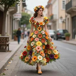 druid walking through a street in a skirt made out of flowers, fantasy, detailed, high quality, trending on artstation, digital art