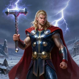 thor holding energized mjolnir, tundra background, digital painting, thunder light, detailed, highly detailed, smooth, sharp focus, illustration by ruan jia and mandy jurgens and william - adolphe bouguereau, artgerm