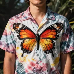 a man tie dyed Hawaiian shirt with butterfly wings