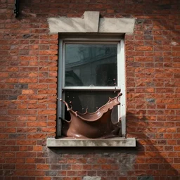 a wikd splash of chocolate milk coming out of a window in a brick fassade small building, hyperreal, cinematic