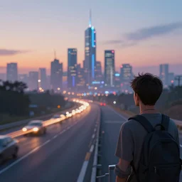 future cyberpuckcity in the distance. looking from the highway. evening scene. len blur background bokeh. art by ismail inceoglu, filip hodas, and pixar.