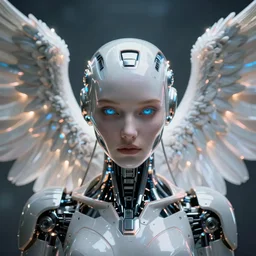 ultra detailed portrait of a futuristic cybernetic angel with glowing robotic wings, front view, by tom bagshaw and artgerm, perfect eyes and face, biomechanical robot, deep depth of field, artstation, 8 k