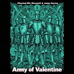 a poster for the animated film army of the valentine, soldiers in armor, the movie is directed by marc simonetti and james gurney + black paper with intricate and vibrant teal line work