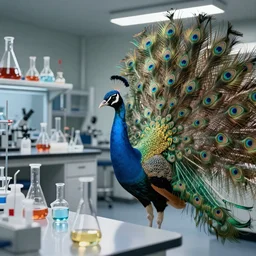 a photo color of an peacock doing chemistry experiments in a laboratory, ful color cinematic volumetric lighting octane render