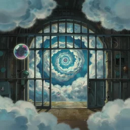 realistic interior shot from howl's moving castle ( 2 0 0 4 ) of swirling clouds jail cell in atlantis, a bubble is nearby. cartoon, depth of field.