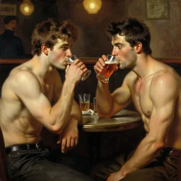 attractive muscular male and another attractive muscular male, drinking ther hearts out, in a pub. highly detailed painting by j. c. leyendecker, craig mullins, gaston bussiere, mark brooks
