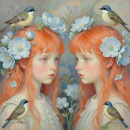 breathtaking detailed concept art painting portrait in pastel colors of two girls looks each other by hsiao - ron cheng with light blue flowers and birds in carroty hair, with anxious piercing eyes, weird background with bizarre compositions blend of flowers and birds by john james audubon, exquisite detail, 8 k