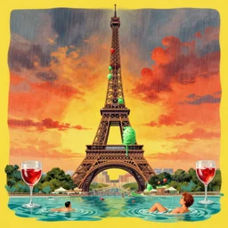 melting distorted eiffel tower icecream green and red, rainy sunset with people swimming in wine glasses, super realistic and highly detailed painting by japanese comic illustration on yellow background by fernando botero and james jean, dreamy summer vibes, cinematic colors and super wide angle view