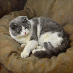bicolor gray and white Scottish Fold English Shorthair mix. napping cat on comforter. cozy scene. oil painting by el greco.