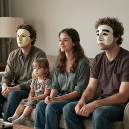 actors mask family watching tv, britt marling style 3 / 4, 8 k, sharp focus, soft light, volumetric lighting, highly detailed realistic, refined, artstation
