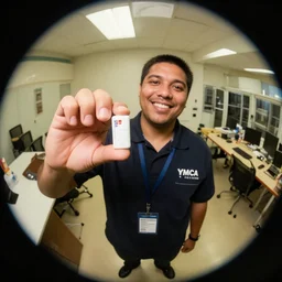 ymca worker smiling and giving a tums up. fisheye lens