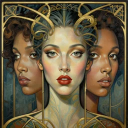 a streamline moderne, art nouveau, multi - ethnic and multi - racial portrait in the style of don maitz, and in the style of donato giancola, and in the style of charles dulac. intelligent, expressive, very large eyes. symmetry, ultrasharp focus, dramatic lighting, photorealistic digital painting, intricate, elegant, highly detailed, symmetrical.