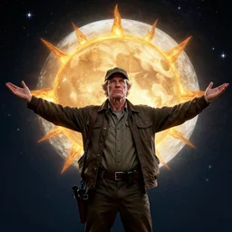 the image of a hunter s thompson with outstretched arms between the moon and the sun and a thousand stars ultra realistic, concept art, intricate details, serious, highly detailed, photorealistic, octane render, 8 k, unreal engine, art by todd mcfarlane and artgerm and greg rutkowski and alphonse mucha