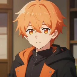 Semi-realistic Anime Teen Character close up, light-Orange Gradient short Hair, black and orange coat, orange pupils, backroom background, art by greg rutkowski