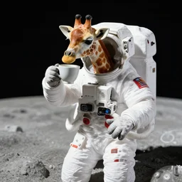 a giraffe astronaut drinking tea on the moon, 3 5 mm photography