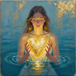 a painting of a woman holding a glowing golden heart in the water, an acrylic on canvas painting by amanda sage and magali villenueve, louvre contest winner, gold foil