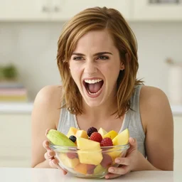 Emma Watson roaring loudly at a bowl of fruit