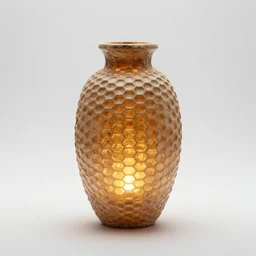 honeycomb vase  on a white background, maximum natural texture, warm illumination, cinematic alien futuristic atmosphere, in low fog, magical digital, 8k resolution, best color graded, vray beautiful, ambient occlusion, subsurface scatter, radiosity, hyper-realistic render